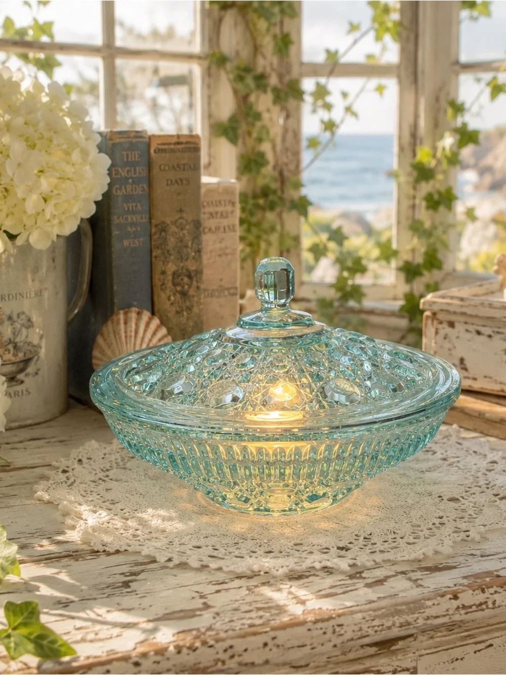 Federal Windsor Button & Cane Aqua Glass Fairy Lamp Candy Dish